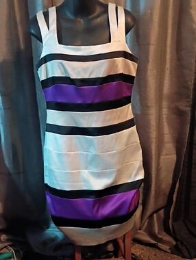 Signature by Sangria Cream, Black & Purple Striped Mini Dress